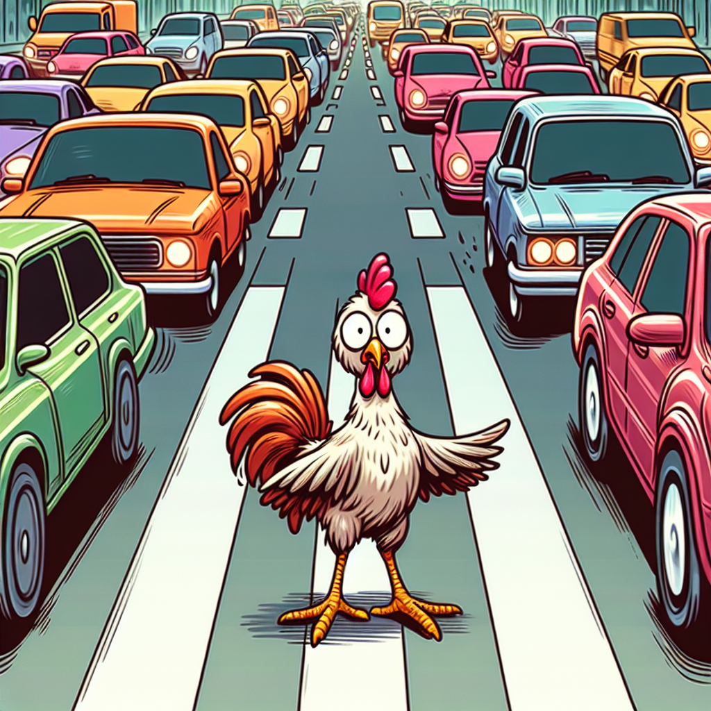 Ein Huhn, das auf einer Straße steht, bereit zum Überqueren